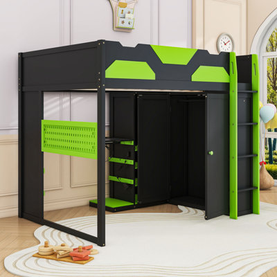 Wood Loft Bed with Desk, Shelves,USB and RGB Light