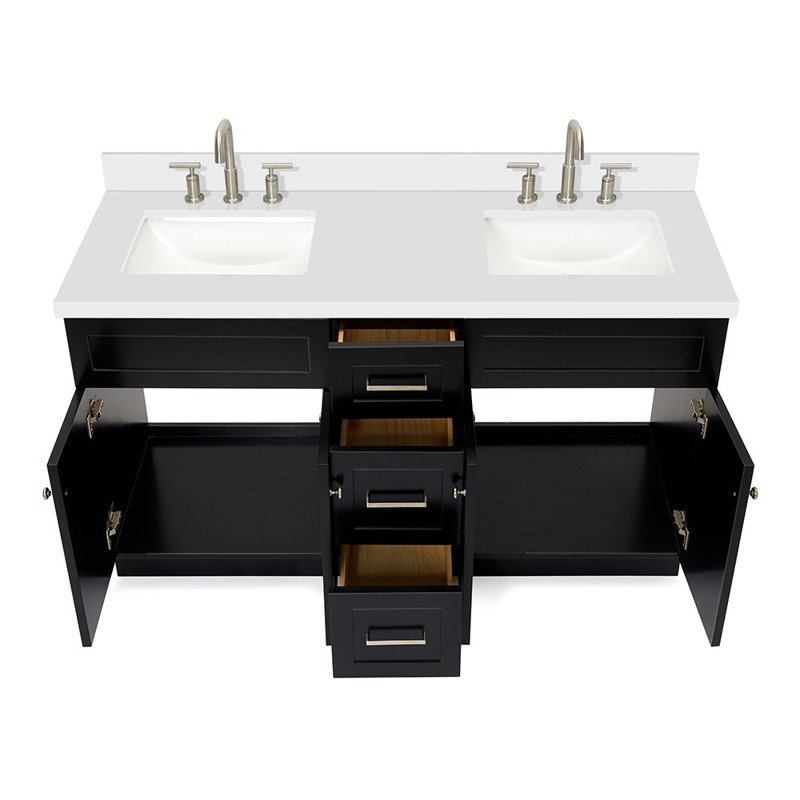 Hamlet 61'' Double Bathroom Vanity with White Quartz Top, Black