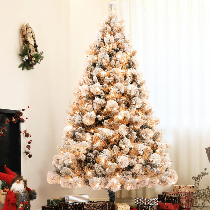 Arbre de Noël 6,5 pi, 350 lumières, élégance floquée par la neige, 1107 pointes, base en métal, arbre artificiel Holiday