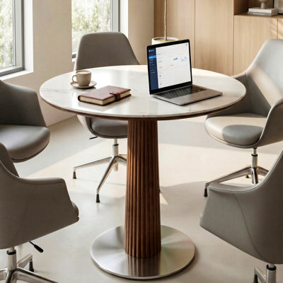 Table de conférence ronde de 31,5 po, petite table de réunion, plateau de table en pierre frittée et base en bois massif et acier inoxydable
