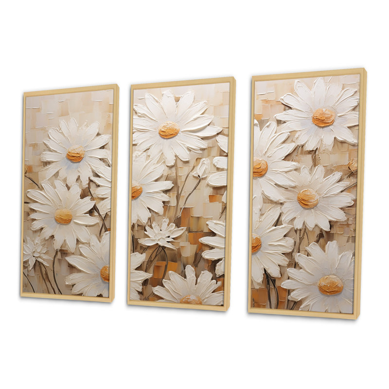 «White Daisy Fields Elegance V - Daisies», ensemble d'art sur toile, Cadre naturel flottant, H 40 po x l 60 po x P 1 po