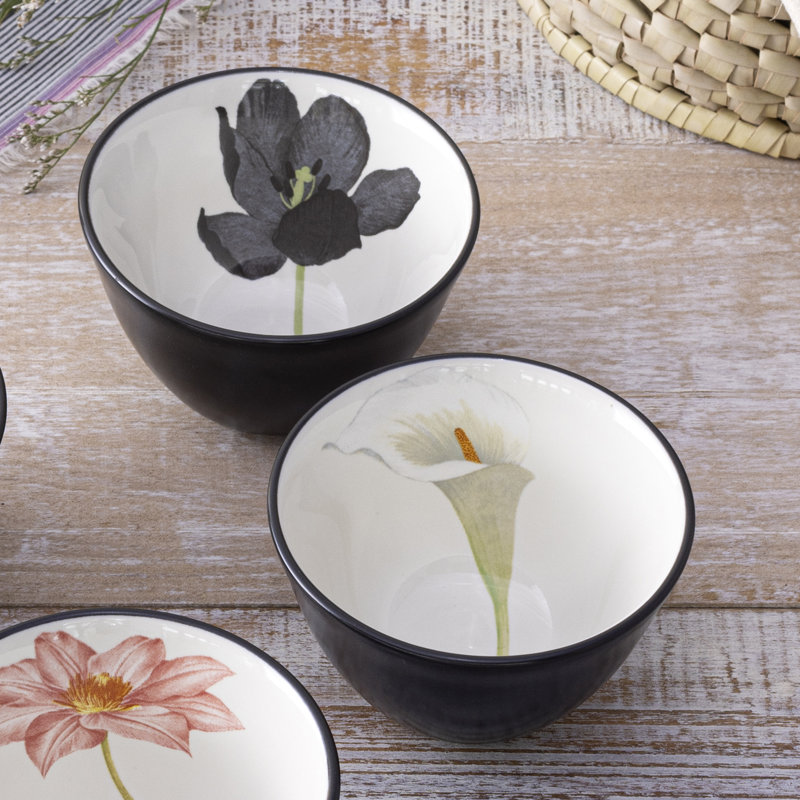 Graphite and Cream Floral Matte Stoneware Mini Bowls Set of Four