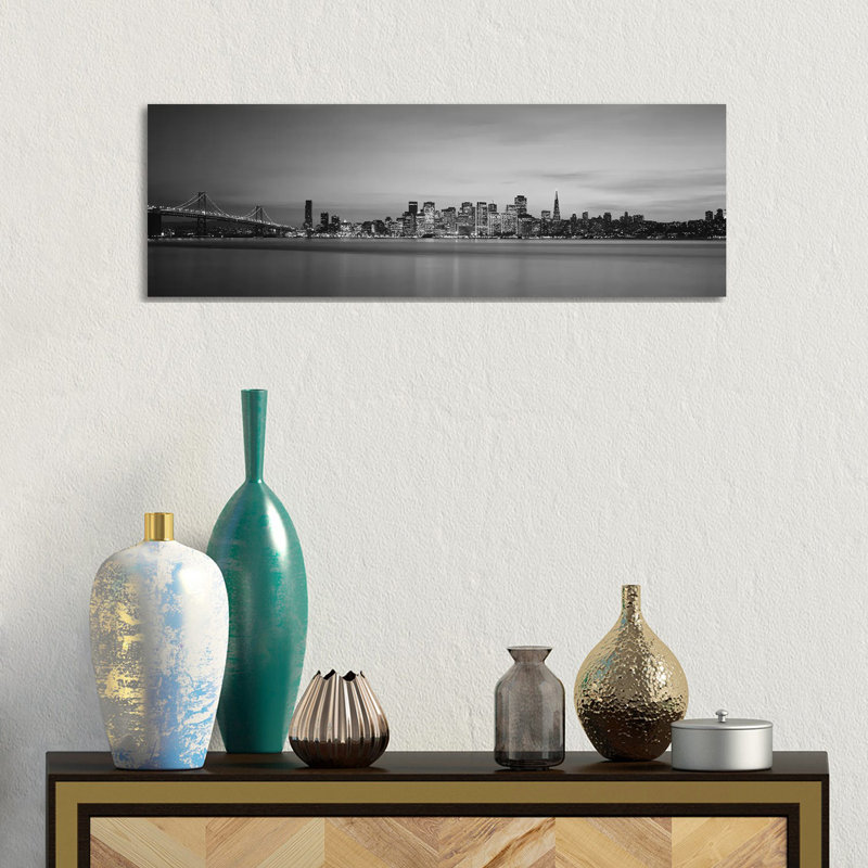 Suspension Bridge With City Skyline At Dusk, Bay Bridge, San Francisco Bay, San Francisco, California, USA by Panoramic Images - Wrapped Canvas Panoramic Print