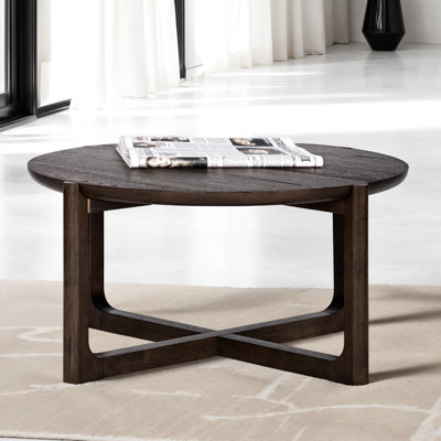 Table de salon style transitionnel 36 po avec base à tréteaux et plateau en bois avec finition noyer foncé brossé et salon principal
