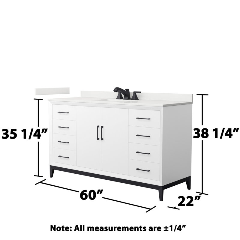 Amici Single Bathroom Vanity with Top, White Quartz, Matte Black, 60"
