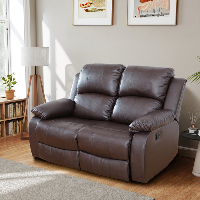 Double Manual Recliner Chair, Overstuffed Loveseat w/ Cupholders, Leather, Brown, Brown