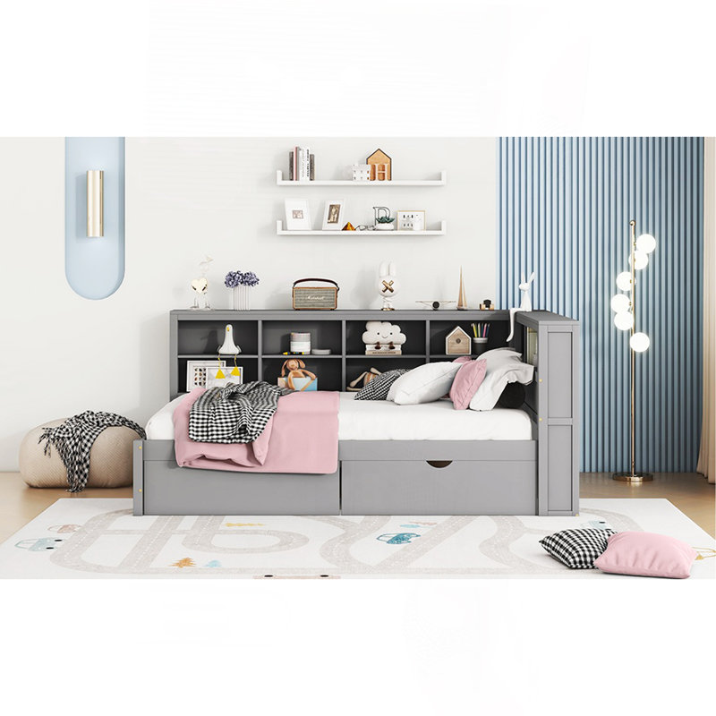 Wooden Full Size Daybed With 2 Drawers, Daybed With Storage Shelf And USB Charging Ports,Grey, Grey