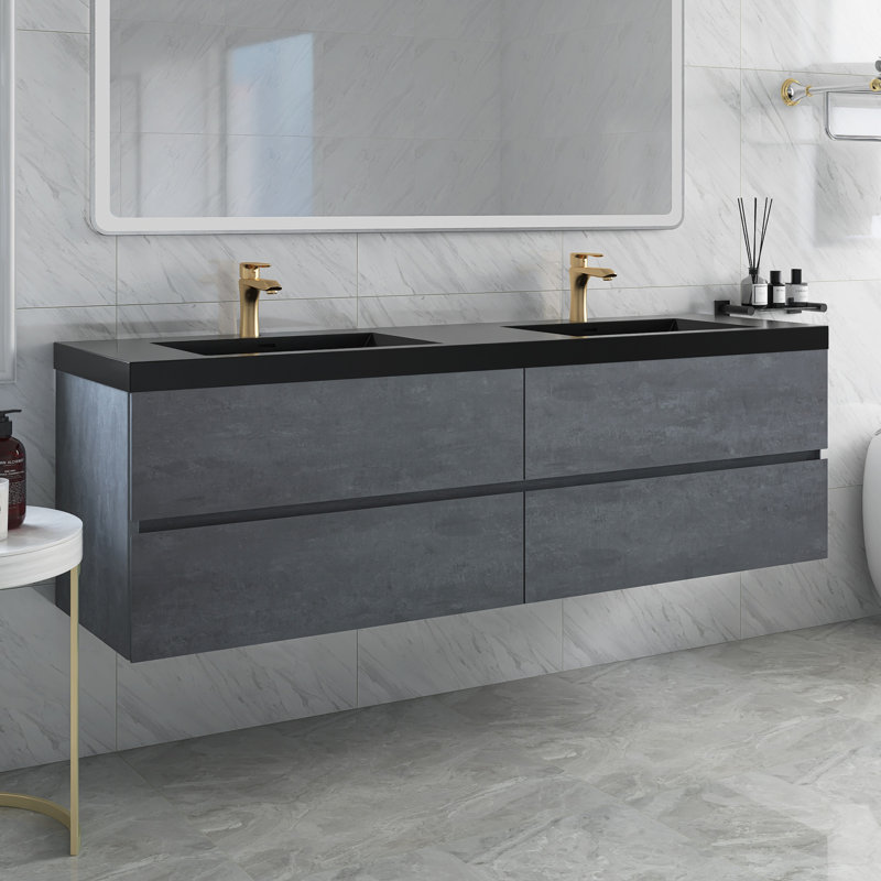 72 po X P 20 po P x 23 po Meuble-lavabo mural double H gris en ciment avec comptoir en quartz noir mat