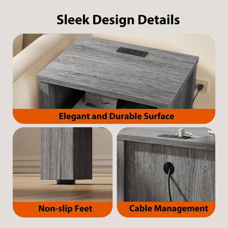 Farmhouse Nightstand Side Table With Electrical Outlets Charging Station,Bedside Table With Open Shelf And Barn Door Storage For Bedroom Room,2 Pack