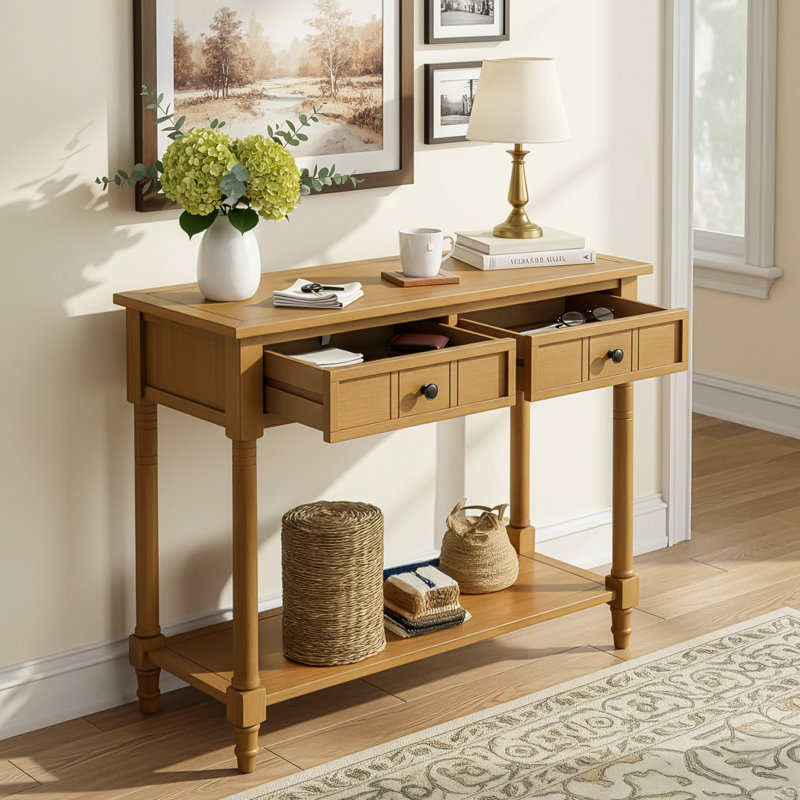 35.4" Console Table With Two Drawers And Bottom Shelf, Natural