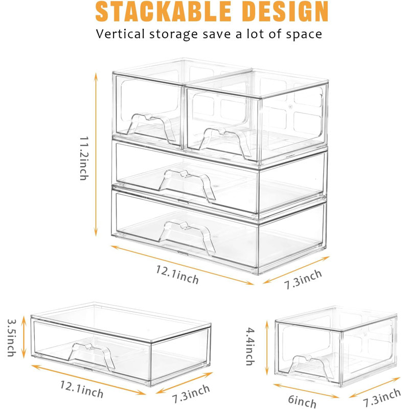 4 Pack Stackable Storage Drawers, Clear Acrylic Organizer, Makeup Organizer | with Pull-out Drawer,Pantry Organization