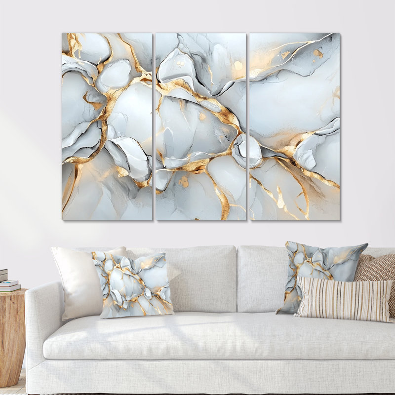Or brisé et marbre gris I - ensemble d'art mural cubisme abstrait, 32" H x 48" W, Toile tendue, Does Not Apply