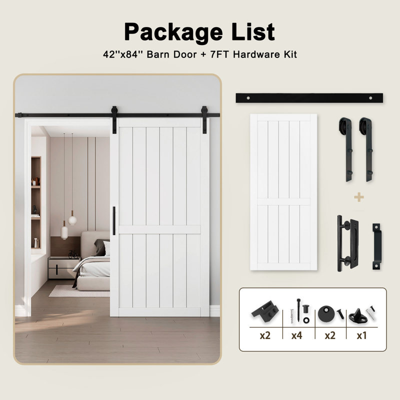 Porte de grange coulissante de 84 po en bois manufacturé à surface blanche avec garde-robe d'intérieur et trousse de quincaillerie (poignée double face incluse)