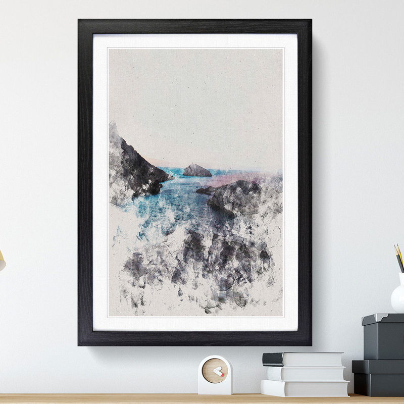 Sea View from Marseille in France Watercolour - Picture Frame Graphic Art, 48cm H x 36cm W x 2cm D, Black