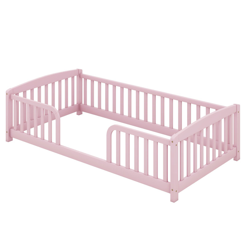 Lit de clôture de plancher avec entrée centrale, structure Montessori en bois de pin avec garde-corps, plateforme à profil bas pour enfants