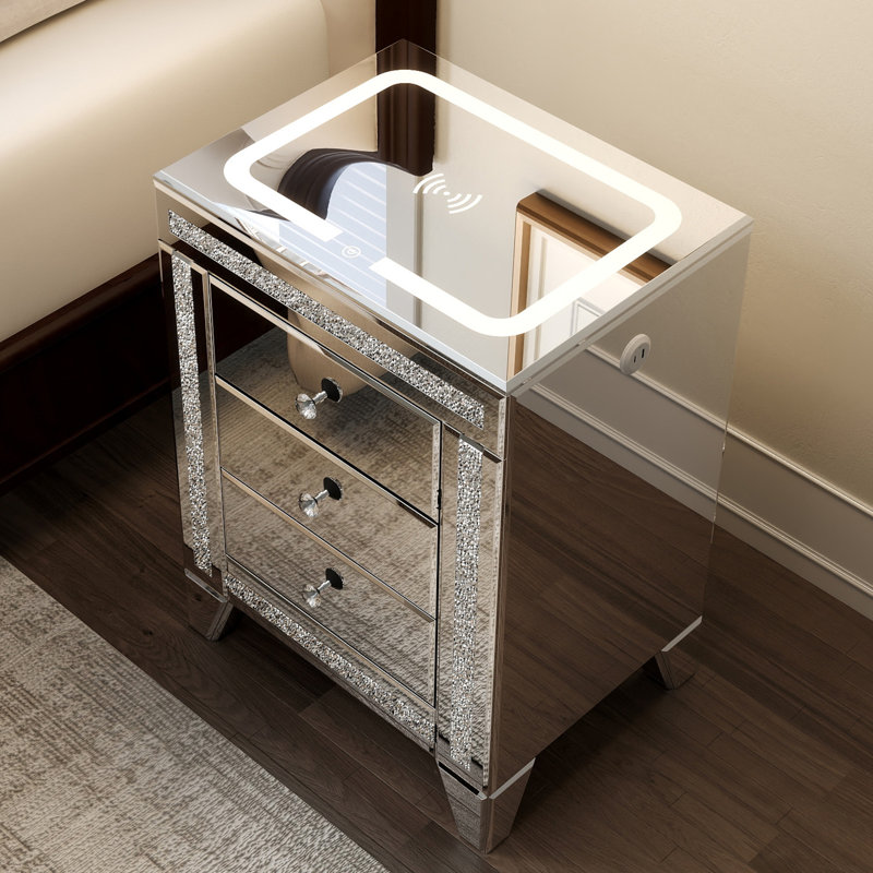 Mirrored Nightstand With Charging Station Wireless, Silver Side Table With Led, Modern End Table Storage Cabinet With 3 Drawers
