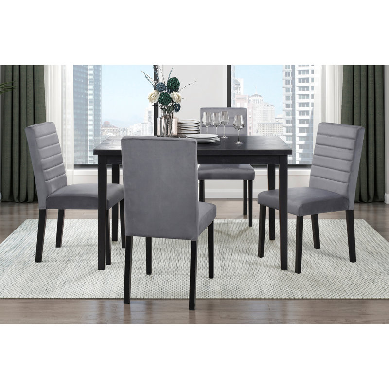 Table 5 pièces: table en bois noir et 4 chaises en velours gris, table d'appoint