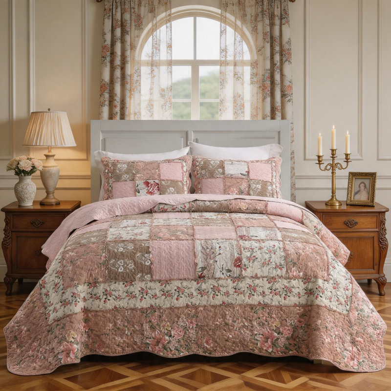 HoneiLife  Elegant Pink Style  Cotton Handmade Patchwork 3-Piece  King Size Quilt Sets, King Quilt + 2 Standard Pillowcases