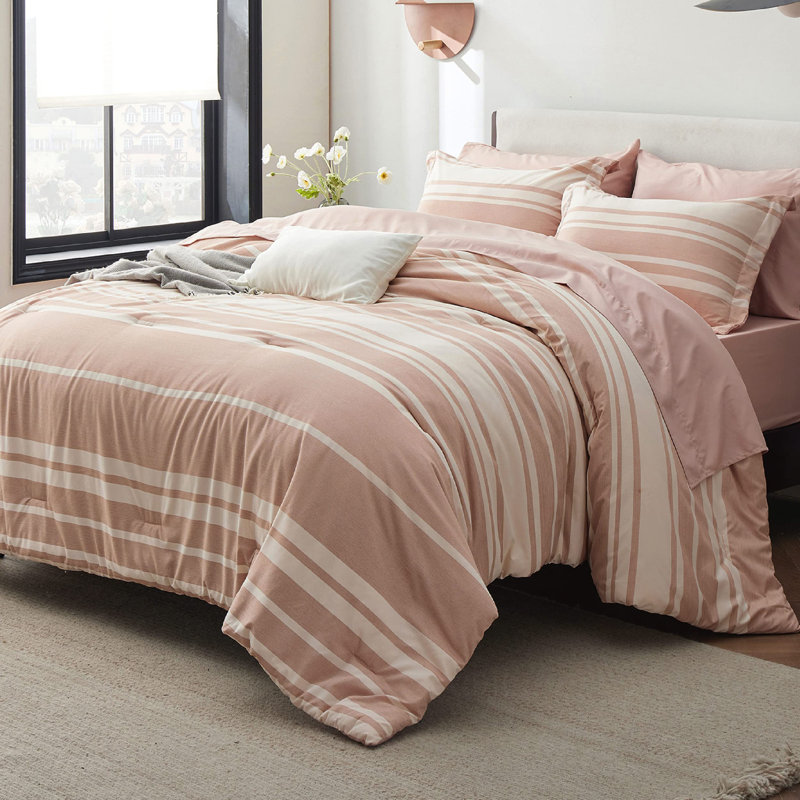 Bedsure Striped All Season Comforter Set, Queen Comforter + 6 Additional Pieces, Olive Green