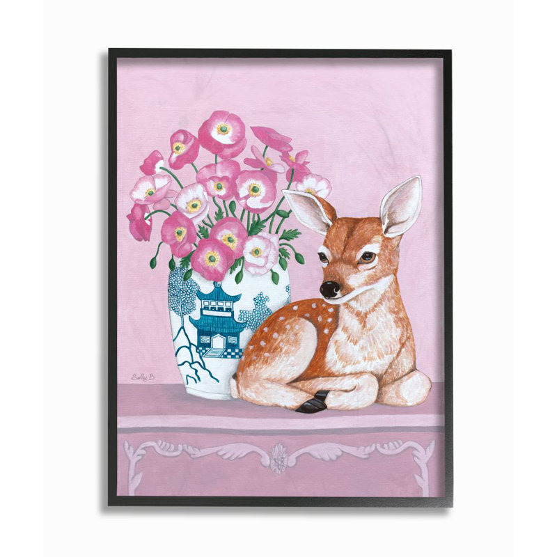« fleur vase et cerf rose animal » par catherine b-reproduction d’art, Giclée encadrée noir minuit