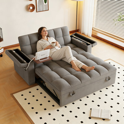 Canapé-lit convertible en velours de 65 pouces, canapé 3 en 1 avec lit gigogne, accoudoirs de rangement, ports de chargement USB, table de travail et dossier réglable pour petits espaces, gris foncé