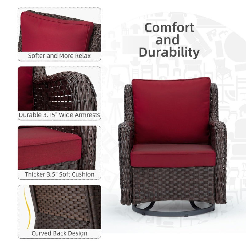 Chaise berçante pivotante en rotin 3 pièces pour l'extérieur, rouille