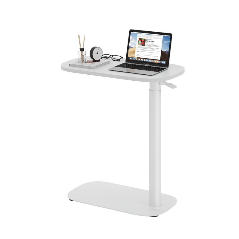 Adjustable Overbed Bedside Table Pneumatic Adjustable Height Laptop Computer with Tray, White