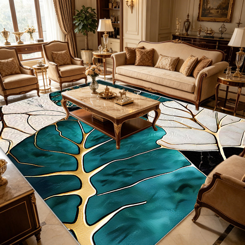 Teal Gold Leaf   area rugs for Living Room, Soft and Comfortable, Suitable for all seasons, easy to maintain, machine washable Indoor floor mat, Under Table Farmhouse suitable for Bedroom, Dining Room, Study,  Balcony, Home Decor Patio