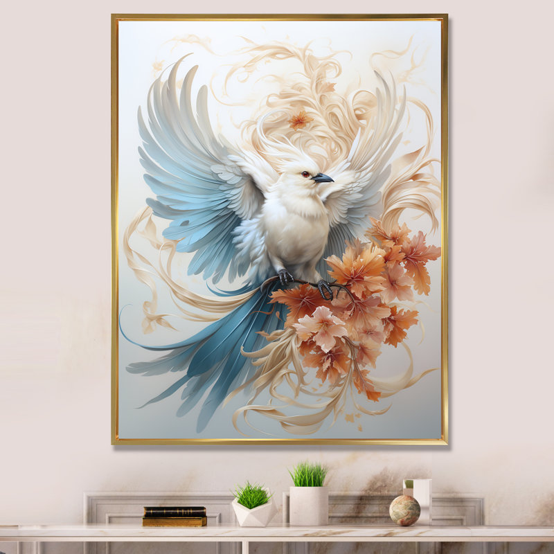 Majestueux oiseau blanc sur une branche de fleur, H 32 po x l 16 po x P 1 po, Cadre flottant doré