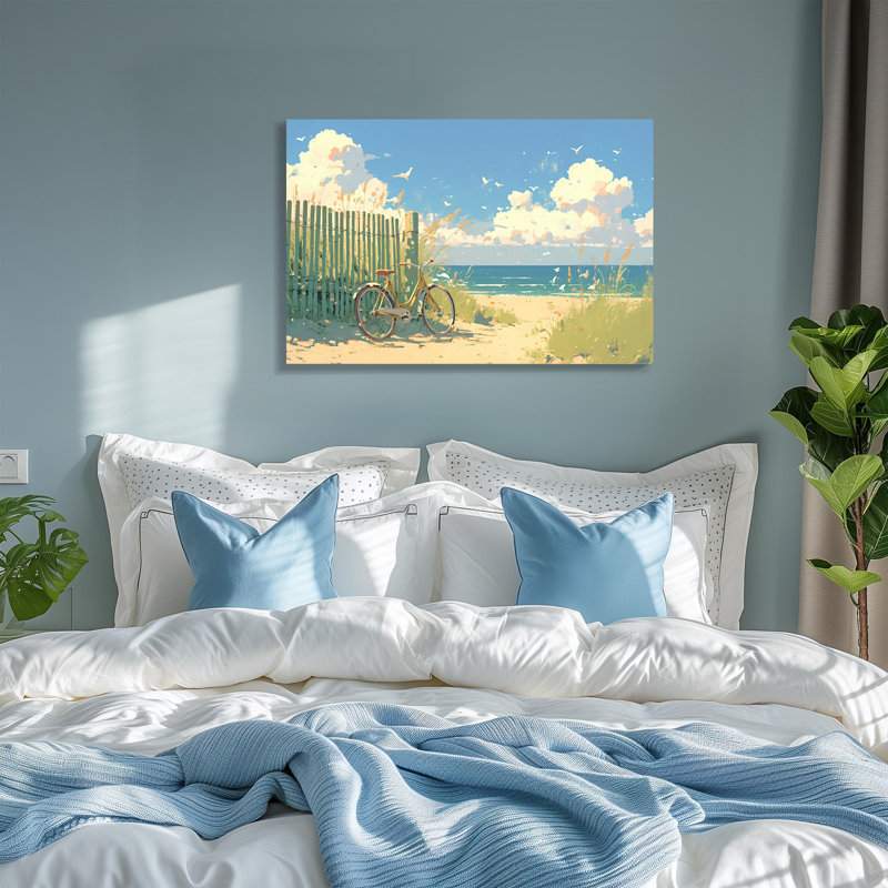 Plage, nature morte avec vase bleu, coquillages et fleurs - reproduction d'art sur toile, 28" H x 40" W