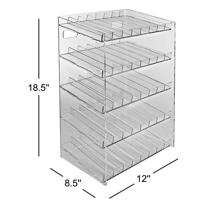 Présentoir à cinq niveaux et 40 compartiments, 8 pièces par niveau. Dimensions: l 12 po x P 8,5 po x H 18,5 po
