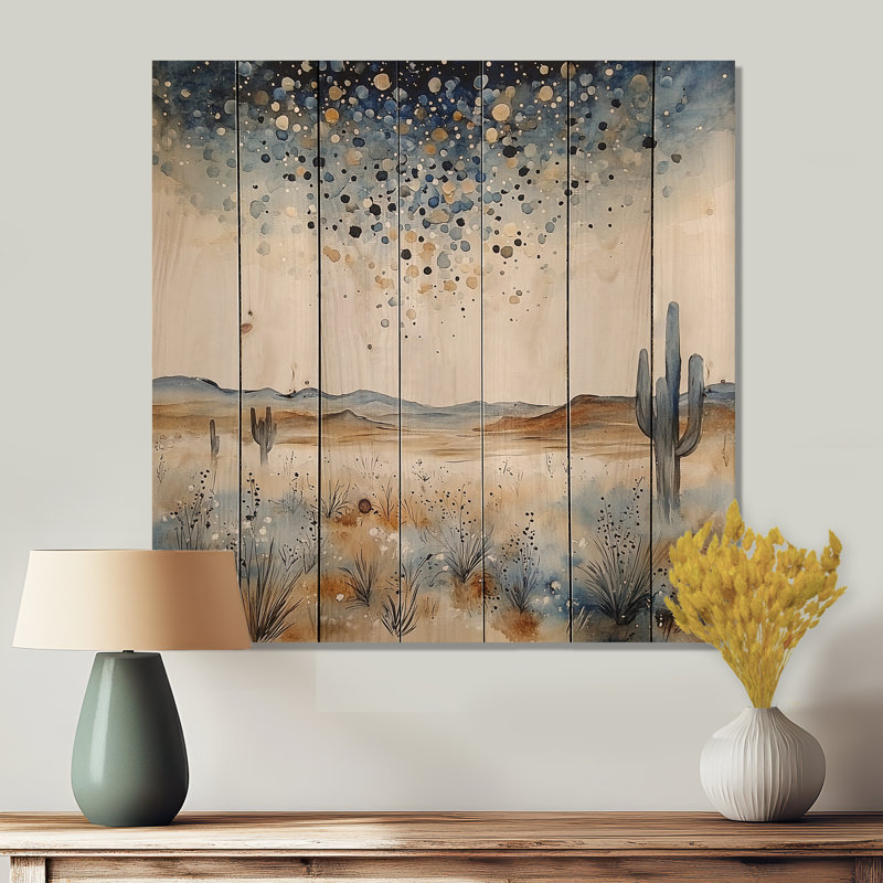 Nuit étoilée au-dessus du désert I - Art mural en bois cactus floral sur bois de pin naturel, H 25 po x l 25 po
