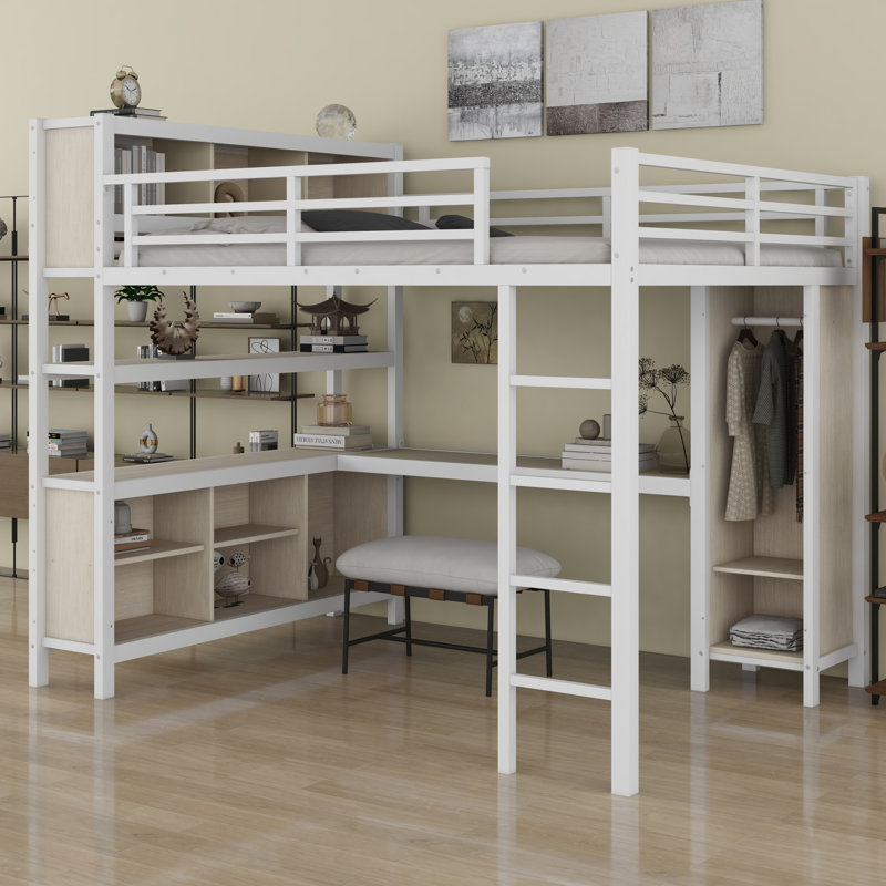Metal Loft Bed For Kids Teens And Adults With Wardrobe, Desk And Storage Shelves, White