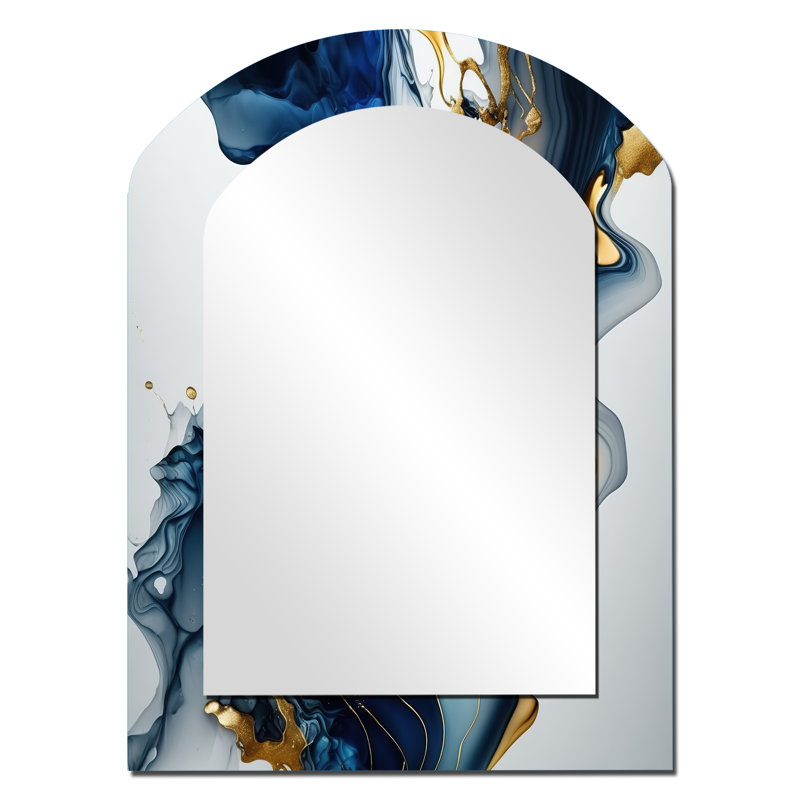Abstrait Geode Marble Blue I - miroir mural arqué en marbre, miroir décoratif asymétrique bleu, impression sur métal