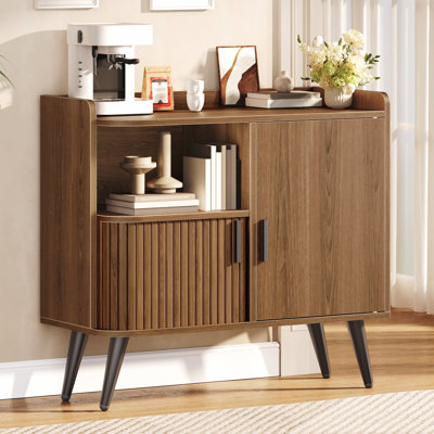 31.5" Mid - Century Sideboard Buffet Cabinet with Sliding Door, Drawer,  Modern Accent Console Cabinet with Adjustable Shelf, Wooden Coffee Bar Fluted Buffet Table for Dining Room, Living Room, Entryway