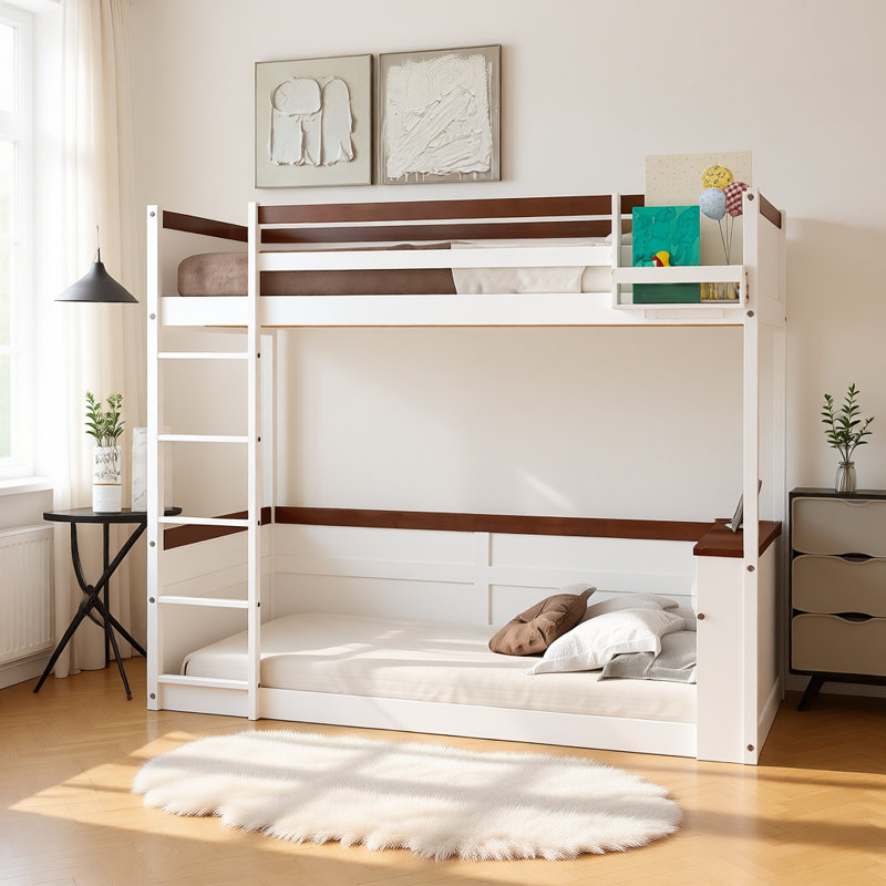 Grand lit superposé en bois avec tablettes intégrées, boîte de rangement, éclairage à DEL et station de charge USB, conception loft moderne et peu encombrante