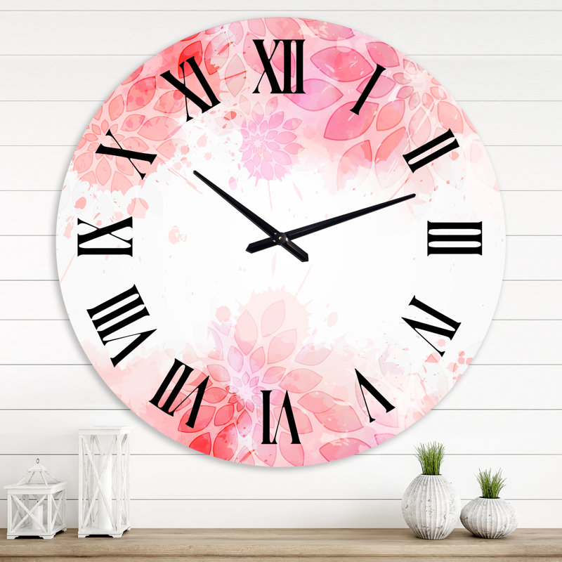 Abstrait fleurs roses éclaboussures II - horloge murale moderne, Moyenne