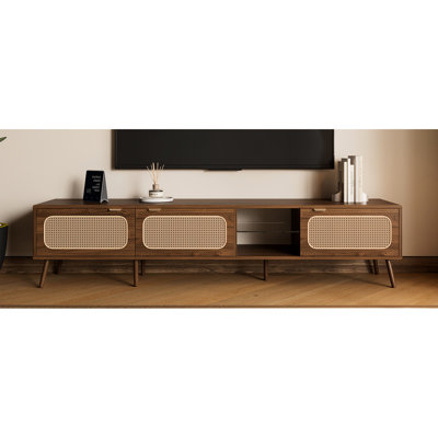 78 - Inch Tv Stand, 70 79 Tvs, Console, Bedroom, Living Area, Open Shelf, Enveloped Storage, Soft Closing Hinges, Finger Pull Handle, Solid Wood Structural Arrangement, Walnut Shade Hue Blend Inches