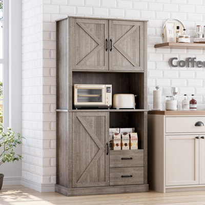 Modern Kitchen Pantry Cabinet With Microwave Stand, Tall Hutch Bar Cabinet With Drawers & Adjustable Shelves