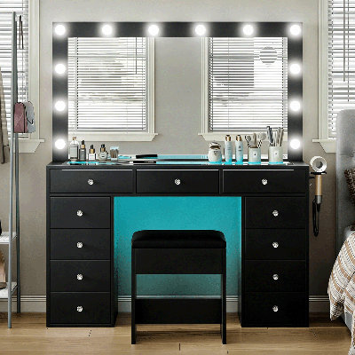 Makeup Vanity Desk with RGB Lights and Large 47.2’’ Mirror, 11 Drawers Makeup Vanity with Lighted Mirror, 3 Color Option, Brightness Adjustable, Make Up Vanity with Charging Station Woman, Black