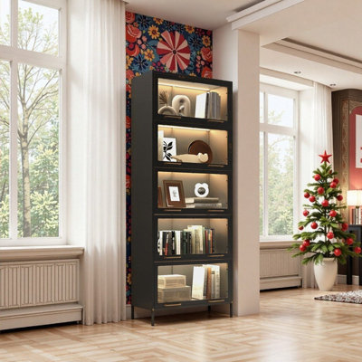 5-Tier Barrister Bookcase With LED Lights For Collectibles, Tall Steel Frame Glass Display Cabinet