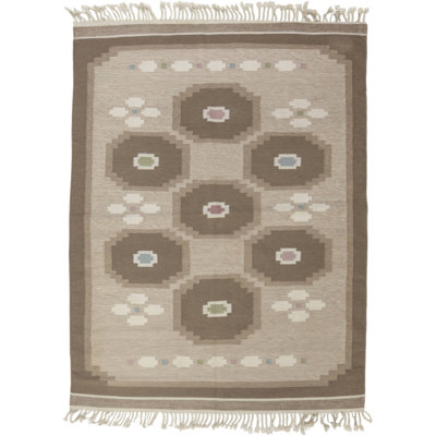 Tapis rétro blanc cassé à motif géométrique blanc cassé / brun / bleu bébé à tissage plat 5 pi 7 po x 7 pi 5 po Vintage