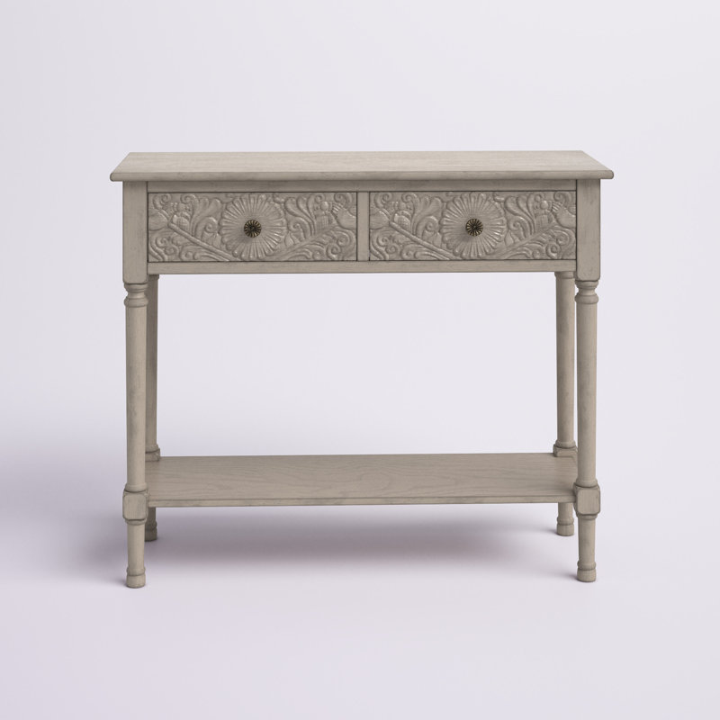 Josie Elegantly Carved Greige Wood & Metal 40'' Console Table with Storage