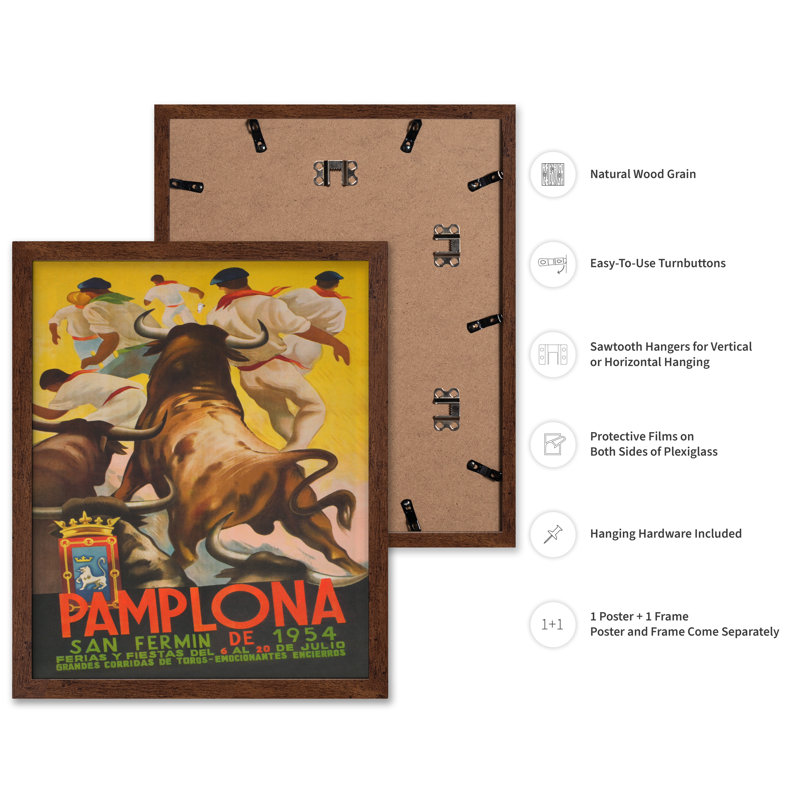 Taureaux de Pampelune, Affiche, H 18 po x l 24 po, Encadrement brun