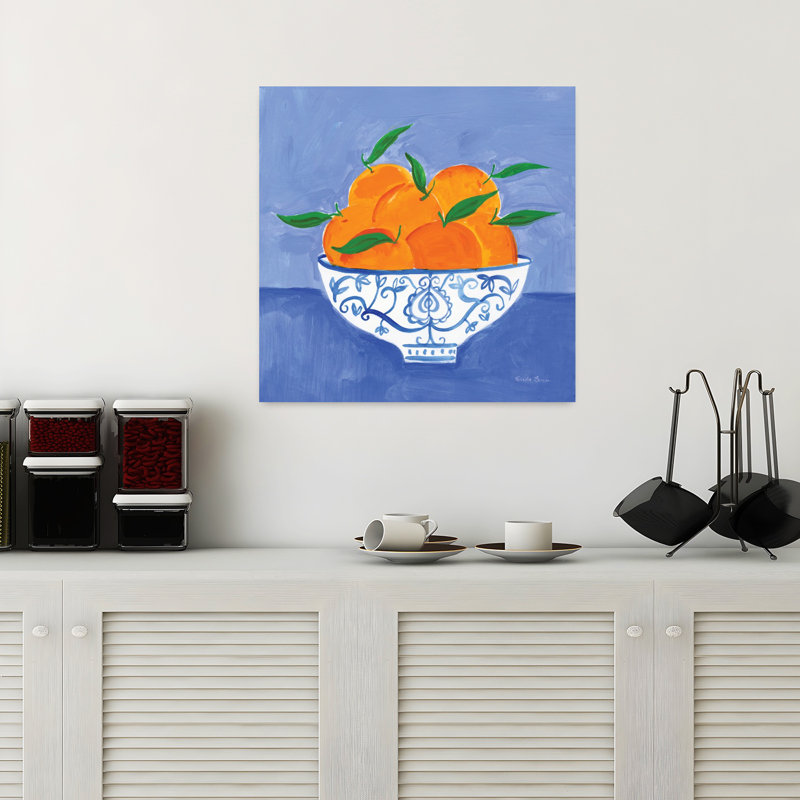Art contemporain contemporain orange avec bol bleu, H 18 po x l 18 po
