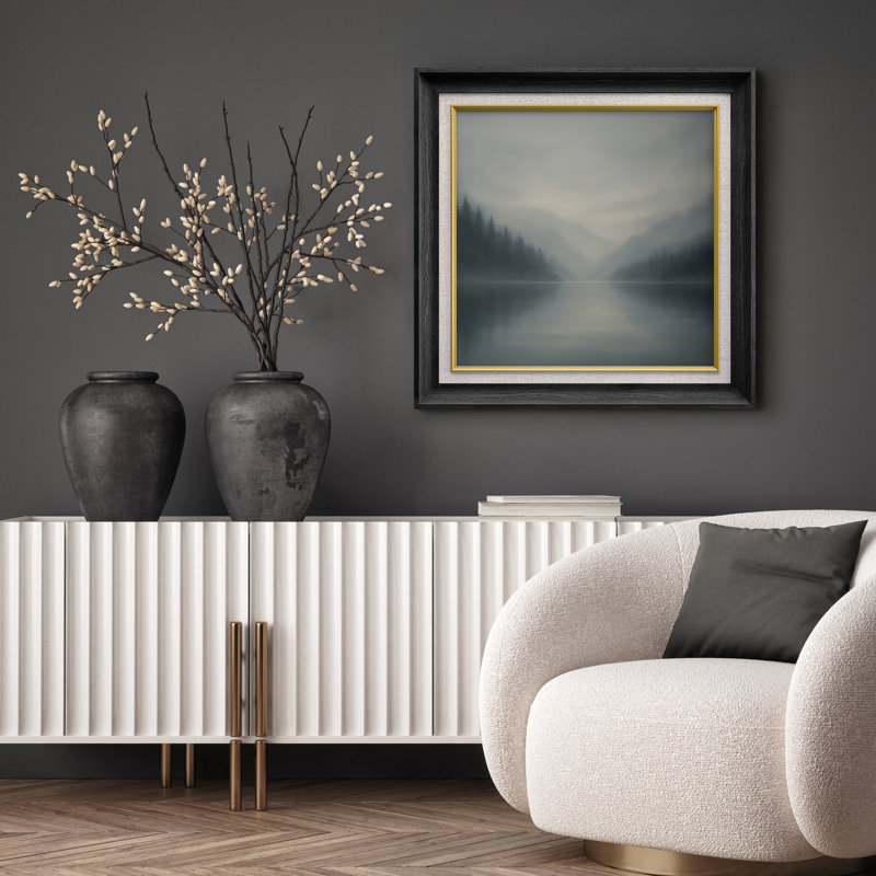 «Foggy Lake and Pine Forest Reflection Scene», reproduction d'art sur toile encadrée, H 26 po x l 26 po x P 1,5 po