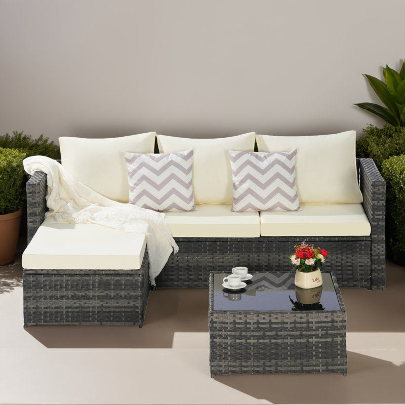 3 Piece Rattan Patio Furniture Set Wicker Sectional Seating Group Set with Chaise and Cushions, Beige