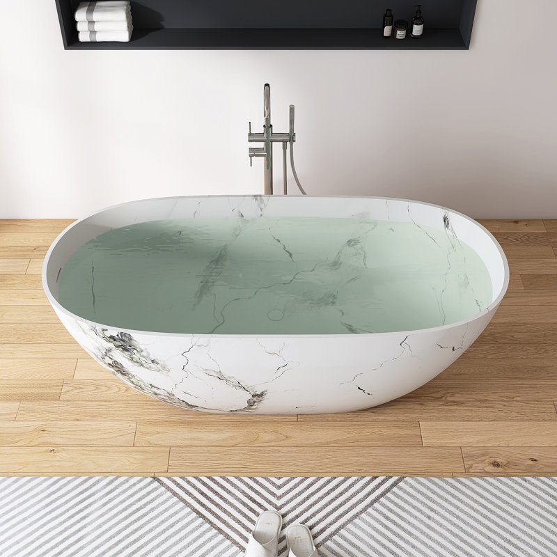 63" x 30" Freestanding Soild Surface Bathtub With Marble Pattern Hydrographics Technology tub