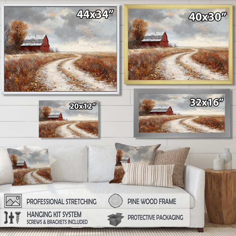 Doyal Windy Prairie Leaves Path To The Farm III - feuilles, art mural, H 30 po x l 40 po, Impression encadrée flottante, Doré