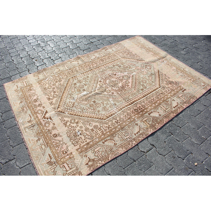 Tapis antique turc Oushak brun vieilli - Tapis rétro en laine Anatolian pour salle à manger